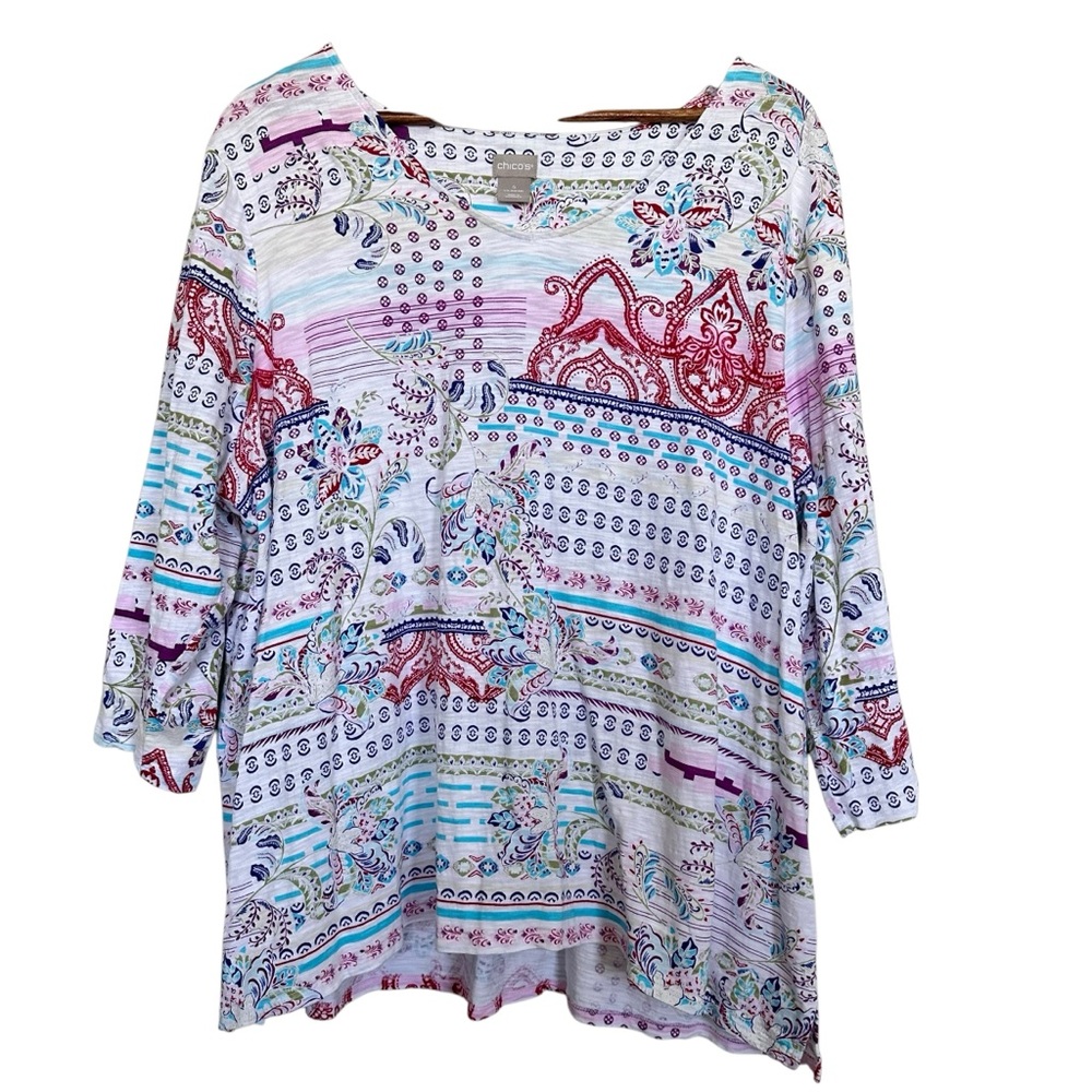 Chico’s Women’s Sz 4(XXL) 3/4 Sleeve Paisley Scoop Neck Top
